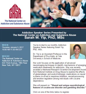 CASA Addiction Speaker Series Sarah Yip "Shared and unique neurobiological features of cocaine-use disorder and gambling disorder"