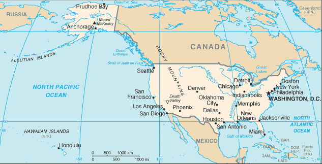 Political map of United States Country Profile showing major cities.